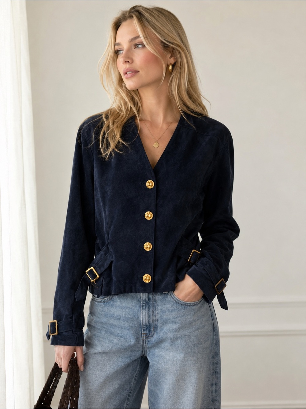 Vintage Danier 100% Suede Leather Navy Blue Lady Jacket Blazer Gold size M